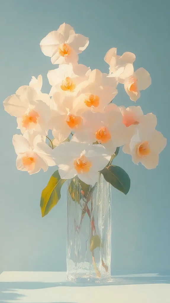 A bouquet of delicate white orchids with orange centers, arranged in a clear glass vase. The flowers are softly lit, creating a gentle and airy atmosphere. The background is a light blue, further emphasizing the floral arrangement's beauty. The composition highlights the graceful curves of the petals and the transparency of the vase, showcasing the flowers' delicate beauty.