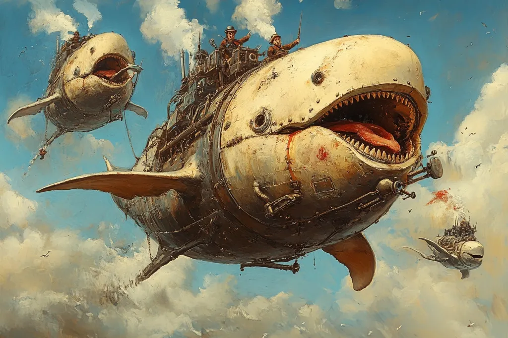 A giant, steampunk whale flies through the clouds, its mouth agape, revealing rows of sharp teeth. Its body is adorned with gears, pipes, and other mechanical components. Two figures stand on its back, while a smaller, whale-shaped airship flies below. The scene evokes a sense of wonder and adventure, showcasing a world where technology and nature coexist in a fantastical way.