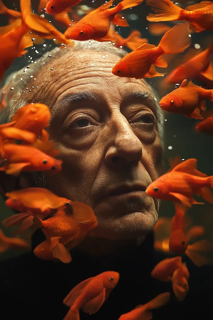 A close-up portrait of an older man, with deep lines on his face, looking directly at the camera. He is surrounded by a multitude of vibrant orange goldfish swimming in the water. The image evokes a sense of serenity and contemplation, with the goldfish symbolizing life and movement amidst the stillness of the man's gaze. The contrasting colors of the man's skin and the goldfish create a striking visual effect.