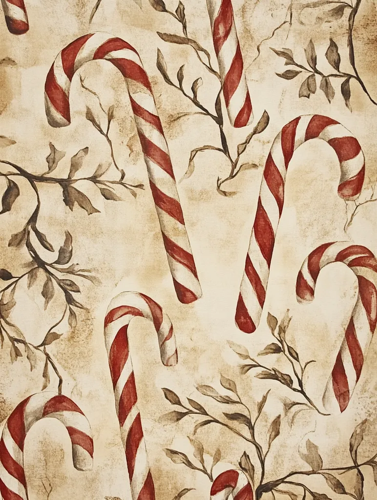 A vintage-inspired design featuring multiple red and white candy canes scattered on a cream background with delicate brown leafy branches. The candy canes are painted in a watercolor style with faded edges, adding to the vintage aesthetic. The design evokes a sense of nostalgia and holiday cheer.