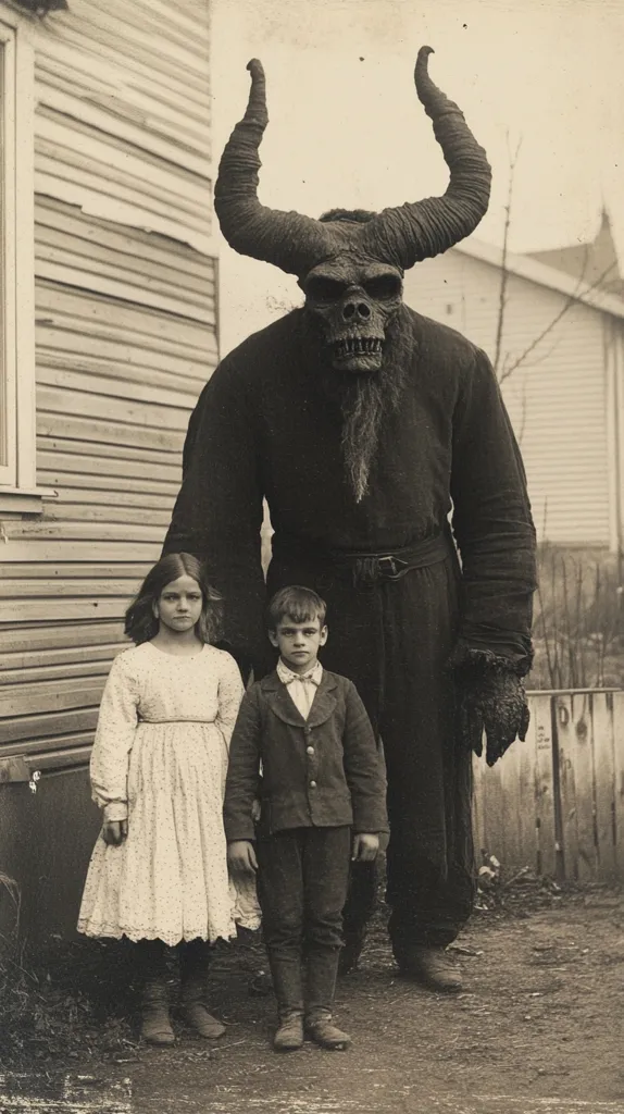 A large, horned, demonic figure stands between two children. The figure is dressed in black and appears to have a skull-like face. The children are dressed in clothing that is appropriate for the early 1900s. The photo is black and white and has a grainy texture.  The photo is likely a Halloween or costume party photo.  The figure in the center is likely a person in costume, perhaps a theatrical production.