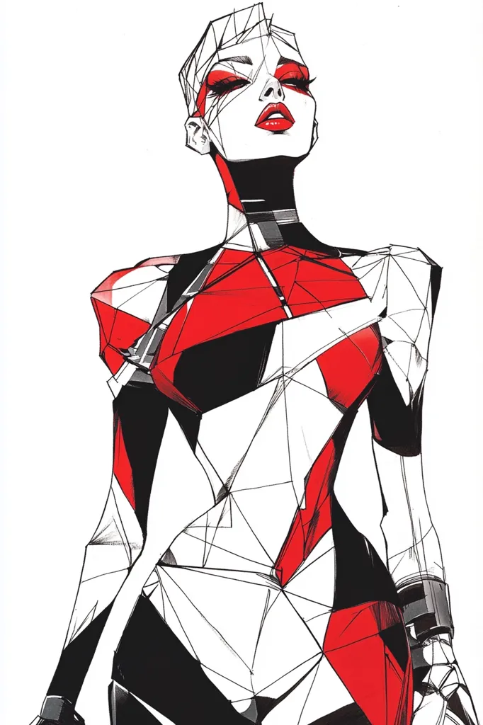 The image is a black and white line drawing of a female figure with a red top. The figure has a geometric pattern on her body, and she is wearing a black and white suit. The figure's face is shaded in black and white, with her red lips the only color. She looks upwards with a slightly surprised expression. The drawing is stylized and uses bold lines to create a striking image.  The style of the drawing is reminiscent of fashion illustration.