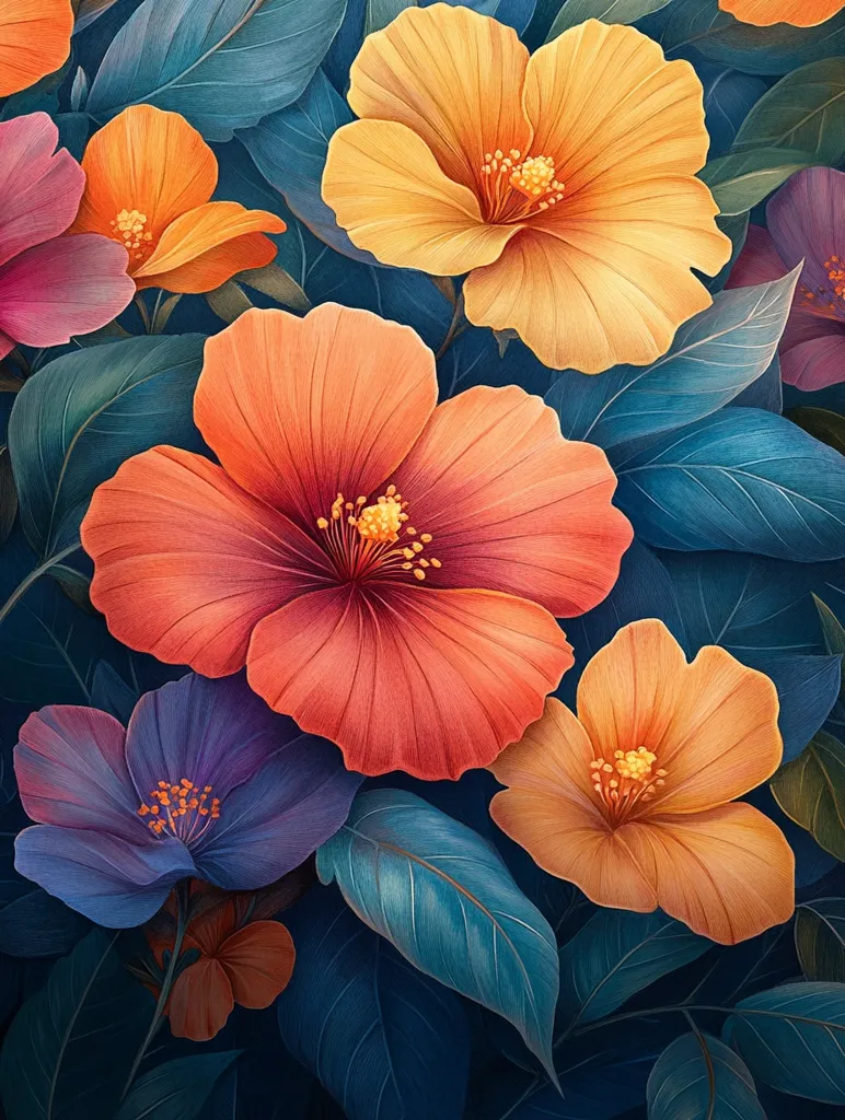 A vibrant floral arrangement showcasing a variety of flowers, including orange, yellow, purple, and pink, all blooming amongst lush, dark green leaves. The flowers are depicted with intricate detail, creating a sense of life and beauty. The contrasting colors and textures create a visually captivating image.