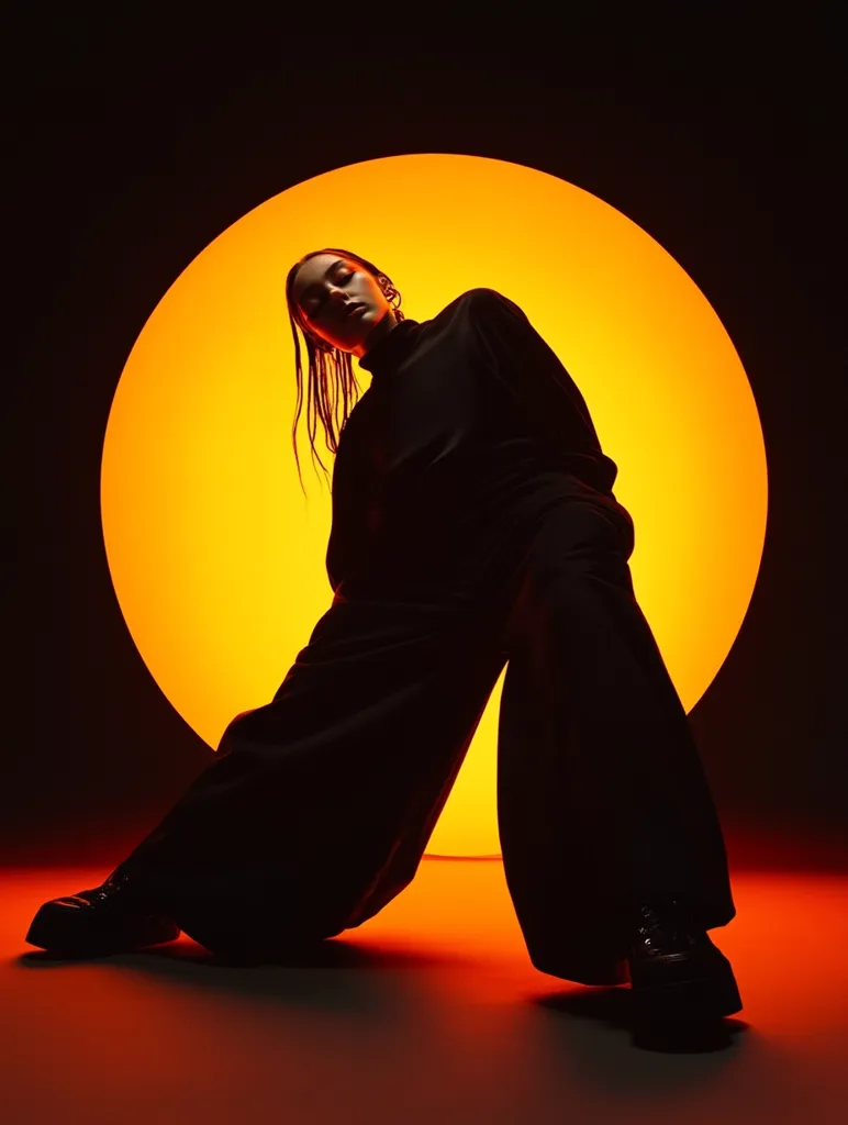 A silhouette of a woman in black pants and a turtleneck stands in front of a large, bright orange circular light. The light illuminates the woman's face and casts a warm glow on the ground.  The image is striking in its simplicity and focus on shape and contrast.