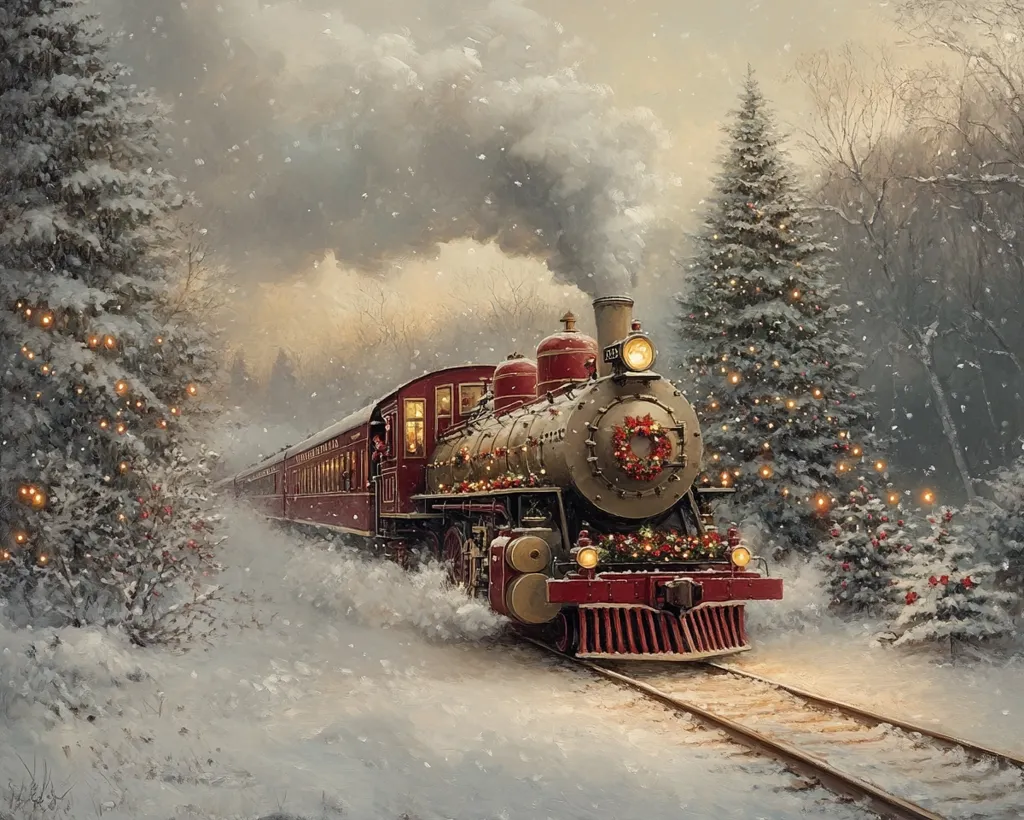 A red and gold steam train decorated with wreaths and lights chugs through a snowy forest. Christmas trees adorned with twinkling lights line the tracks, creating a festive atmosphere. The scene is bathed in soft, golden light, hinting at a magical winter wonderland. Snow falls gently, adding to the enchanting ambiance.