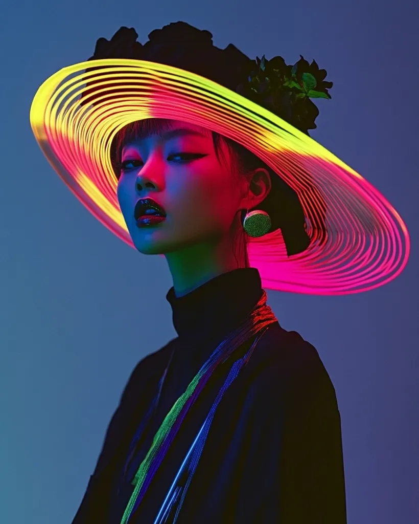 A woman with dark hair and a striking red lip wears a black turtleneck sweater and a large, neon-colored hat. The hat is a vibrant pink, yellow, and green, creating a bold and colorful contrast against her dark attire. The image is lit with a cool blue and purple hue, enhancing the vividness of the neon colors. The woman's gaze is intense, making her appear confident and powerful.  The overall aesthetic is both futuristic and dramatic, with a sense of mystery and intrigue.