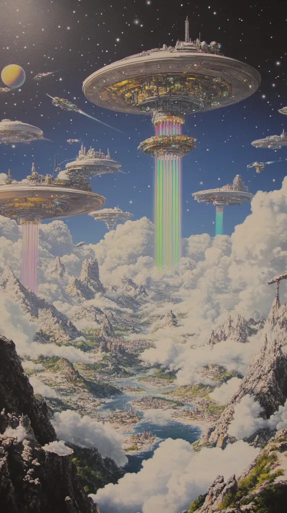A futuristic scene with large flying cities hovering over a mountainous, cloudy landscape. One of the cities emits a rainbow of light. Smaller flying craft and a bright orange planet are seen in the distance. The scene suggests an advanced civilization thriving above the clouds.