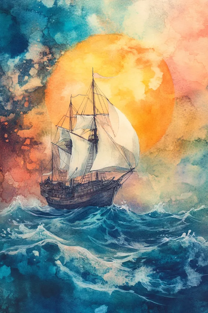A watercolor painting depicting a ship sailing on a choppy sea with a bright orange and yellow sun rising in the background. The sky is painted in shades of blue, purple, and orange. The ship has white sails and a dark wooden hull, and it is surrounded by waves. The painting is done in a realistic style, and it evokes a sense of adventure and wonder.