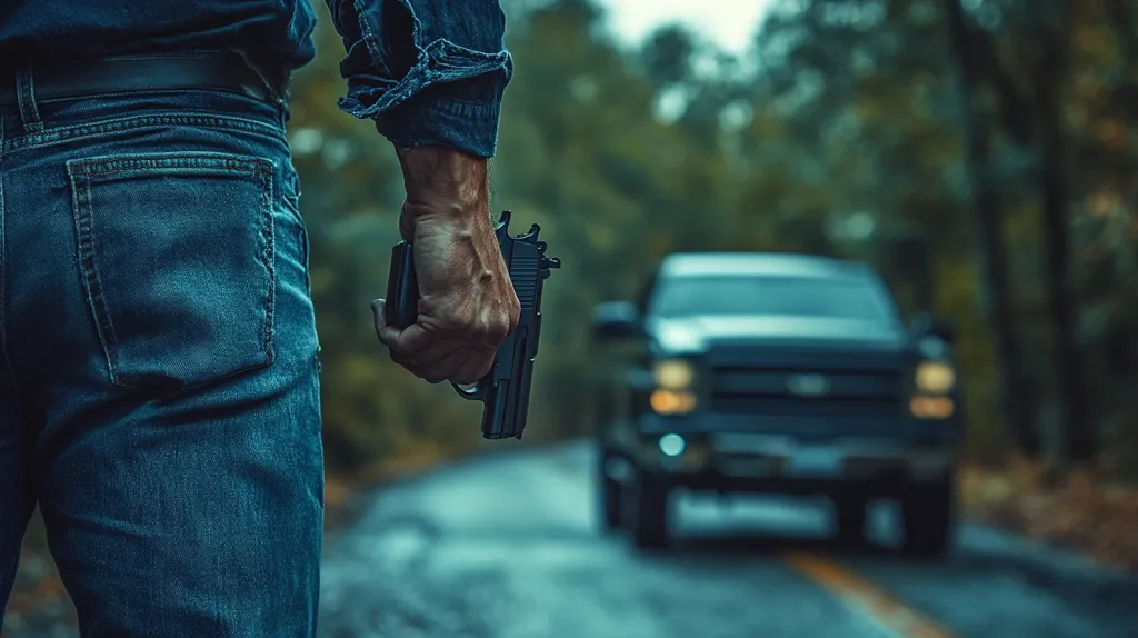 A man in a blue denim jacket and jeans stands on a road, holding a black handgun in his right hand. His face is not visible.  He is looking at a black pickup truck that is driving away in the distance. The background is a blurred forest, and the road is wet. The image has a dark and ominous tone.