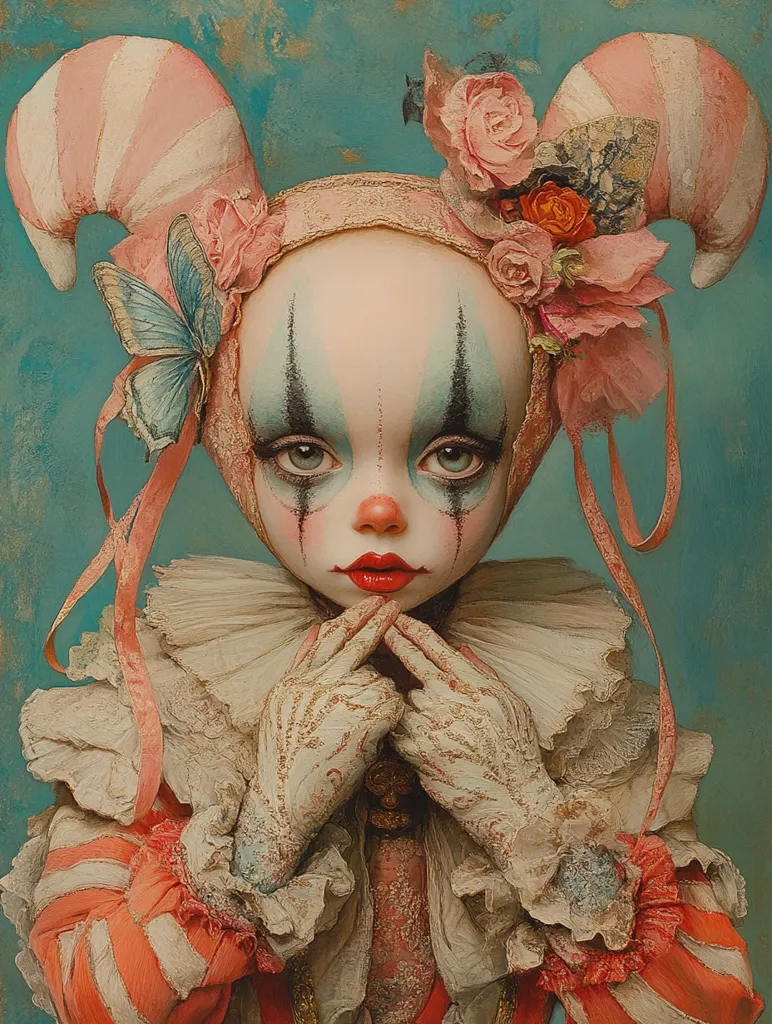 A porcelain doll, dressed as a clown, with large, wide eyes and a painted-on smile, stares directly at the viewer. Her costume is adorned with ruffles, lace, and a pink and white striped hat. Her gloves are delicate and detailed. The background is a soft, muted blue. The doll's expression is slightly eerie, suggesting a hint of sadness or melancholy beneath the cheerful facade.