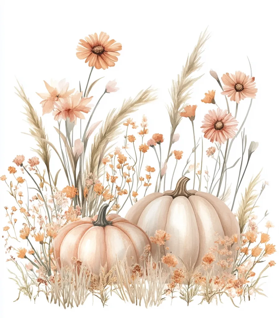 Two cream-colored pumpkins sit nestled in a bed of delicate, pale orange wildflowers and tall, wispy grasses. The pumpkins are plump and smooth, while the flowers are a mix of daisies and smaller, feathery blooms. The composition is simple and elegant, with a soft, ethereal feel.