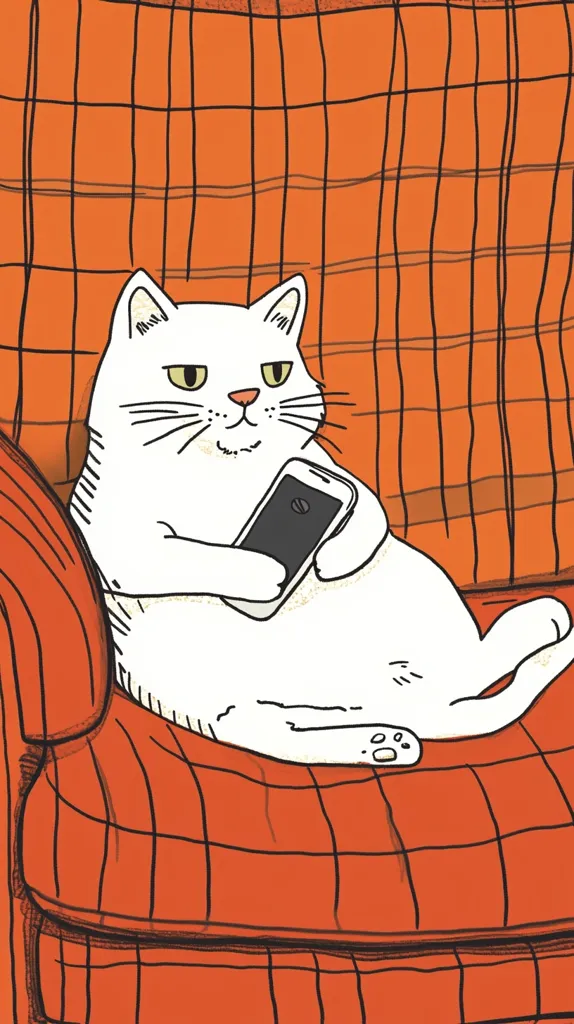 A white cat is sitting on an orange plaid couch with a serious expression. It is holding a black smartphone in its paws. The cat's eyes are narrowed and its mouth is slightly open, as if it is concentrating on something on the phone. The couch is large and comfortable, and the cat appears to be enjoying its time relaxing. The image is simple and humorous, highlighting the relatable experience of using a smartphone.