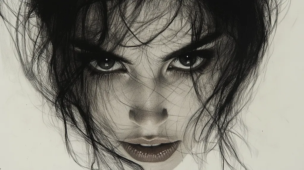 A black and white drawing of a woman's face. Her hair is long and covers most of her face. Her eyes are large and dark, and she has a serious expression.  Her lips are full and slightly parted, revealing a hint of a smile. The drawing is done in a realistic style and captures the woman's intense gaze. The image creates a sense of mystery and intrigue.