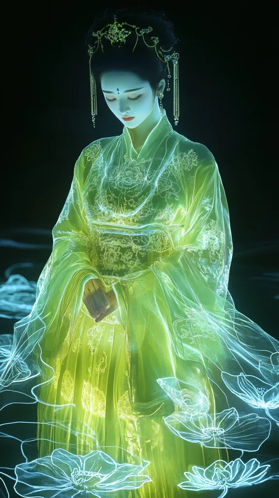 The image shows a woman in a flowing green gown adorned with intricate patterns.  She is standing amidst a field of luminous, white, flower-like shapes.  The overall effect is ethereal and dreamlike, with the glow of the flowers illuminating the woman's form.  Her hair is styled with a delicate, jeweled headpiece.  The image evokes a sense of tranquility and mystical beauty.