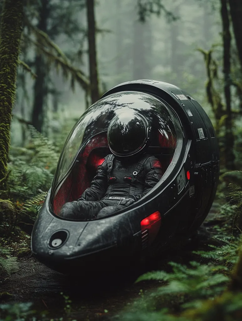A futuristic, black, pod-like vehicle sits in a dense, foggy forest. The vehicle has a transparent dome, revealing a figure wearing a black spacesuit. The vehicle has red lights and is surrounded by lush greenery. The image evokes a sense of mystery and adventure, hinting at an unknown destination.