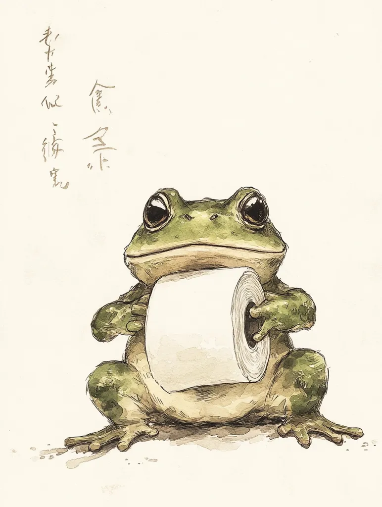 A green frog with large, dark eyes sits on a white background, holding a roll of toilet paper in its front paws. The frog is drawn in a cartoonish style, with exaggerated features and a whimsical expression.  The image is likely a humorous illustration about the importance of hygiene.