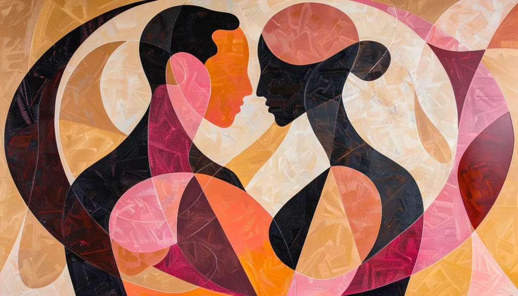 The image is an abstract painting of two figures, likely a man and a woman, facing each other. Their silhouettes are formed using a variety of organic shapes and colors, including black, orange, pink, and gold. The figures are positioned in a way that suggests they are either dancing or embracing. The background is filled with abstract shapes that create a sense of movement and energy. The overall effect is one of love, passion, and intimacy.