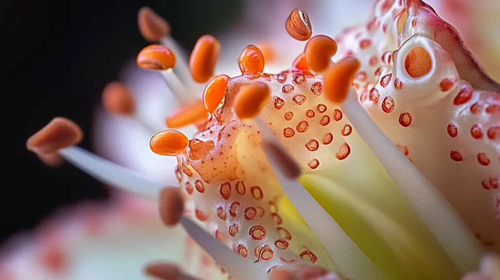A close-up image of a flower's pistil, showcasing its intricate details. The pistil is covered in small, red dots, with delicate white filaments extending from the center. The image captures the delicate beauty and intricate structure of the flower's reproductive parts.
