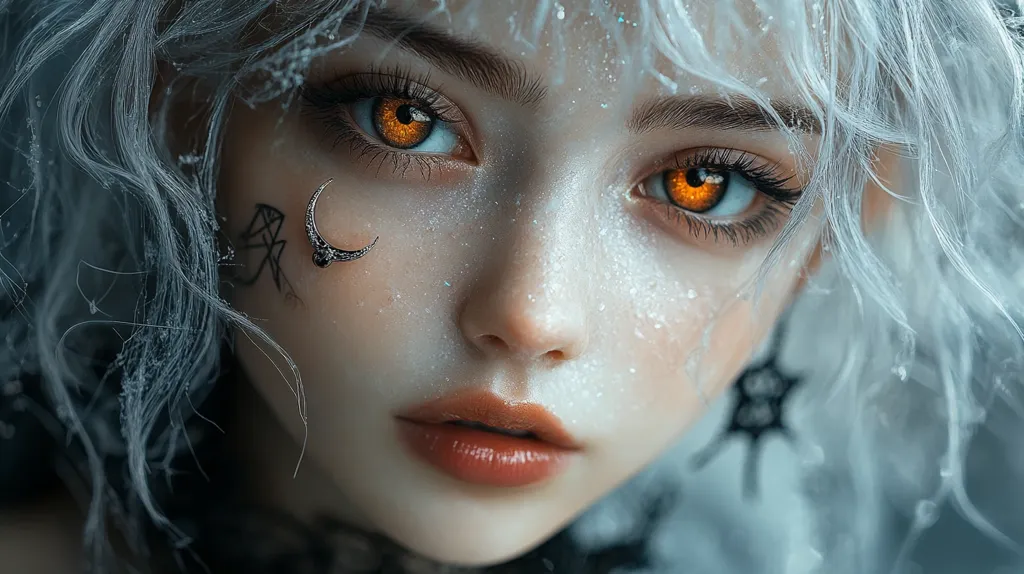 A close-up shot of a young woman with white hair and piercing orange eyes. Her skin is flawless and adorned with a crescent moon nose ring and a delicate tattoo. The image is soft and ethereal, creating an air of mystery and intrigue.