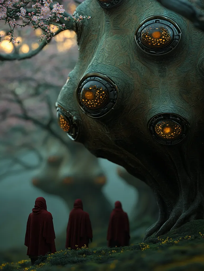 A mysterious, tree-like creature with glowing eyes stands tall in a misty forest. Its bark is textured and intricately patterned, and its eyes appear to be filled with countless smaller lights. Three figures in red cloaks walk away from the creature, their backs to the viewer, suggesting a sense of caution or reverence. The scene evokes a sense of wonder and unease, leaving the viewer to ponder the creature's true nature and the figures' purpose.
