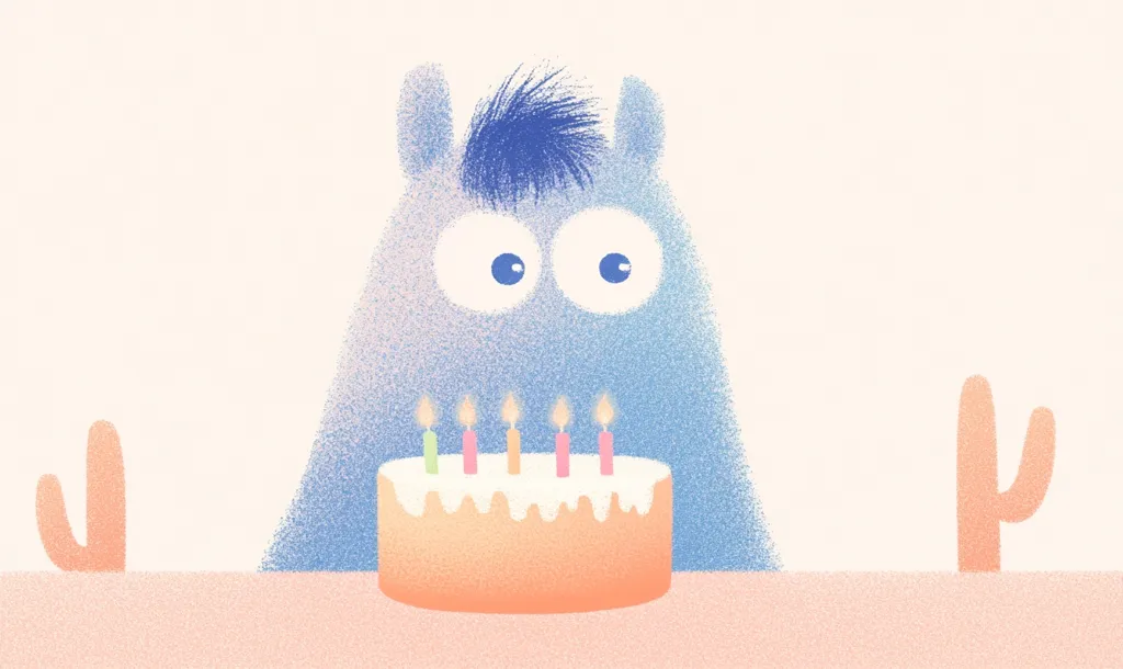 A blue, fuzzy creature with big eyes stares at a birthday cake with five lit candles. It has a blue, spiky mohawk and is on a pink table with two cacti on either side. The background is a light pink.  The scene evokes a sense of playful celebration.