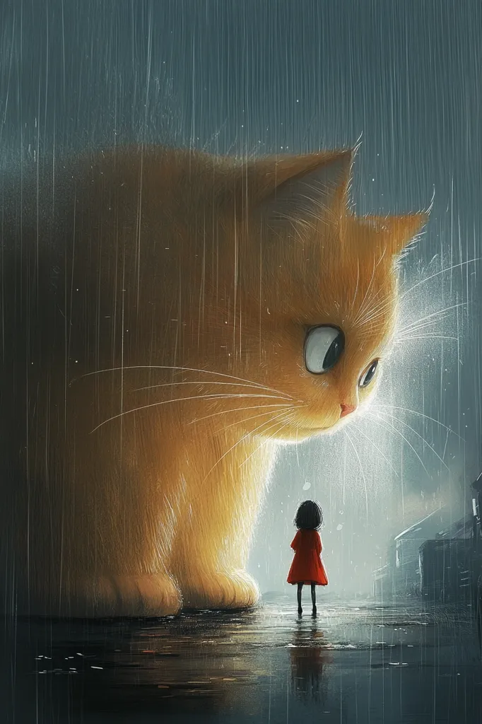 The image depicts a young girl standing in the rain, looking up at a giant, fluffy cat. The cat appears to be friendly, with large, curious eyes. The girl is small in comparison, wearing a red dress and standing on a wet street. Rain falls around them, creating a misty, ethereal atmosphere. The scene suggests a connection between the girl and the cat, perhaps hinting at a friendship or a moment of wonder.
