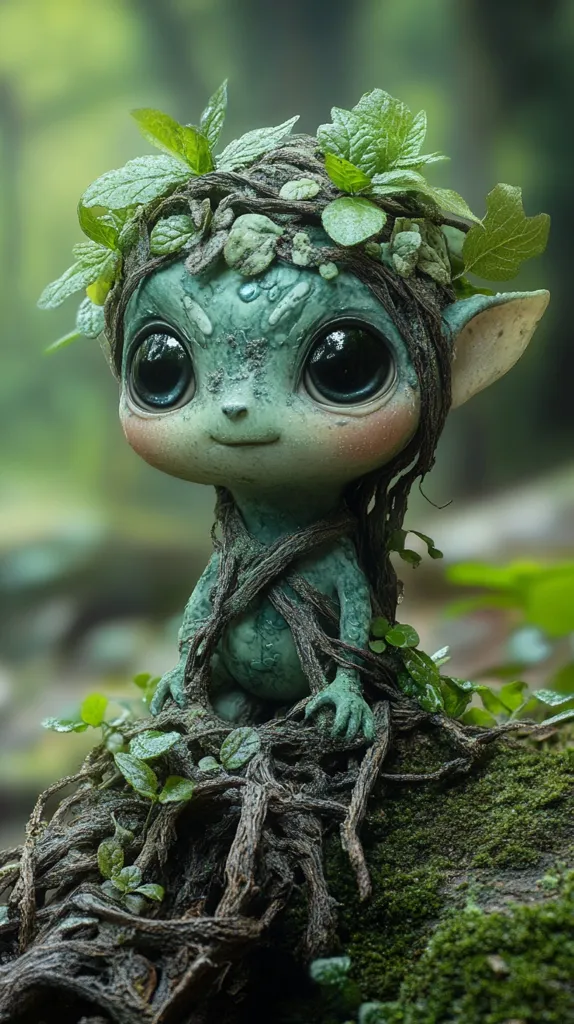 A whimsical, green-skinned creature with large, expressive eyes sits on a mossy rock. It has a crown of leaves on its head and its body is entwined with vines and roots, suggesting a connection to nature. The creature's innocent and playful expression creates a sense of wonder and magic.  The scene is set in a lush, green forest, emphasizing the connection between the creature and its natural surroundings.