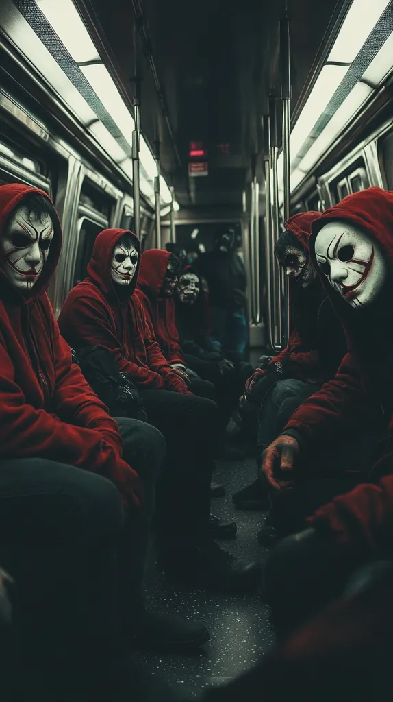 A group of people wearing red hoodies and white masks are sitting on a subway train. The train is dimly lit, creating a mysterious and unsettling atmosphere. The masks are painted with a sinister expression.  They appear to be looking towards the front of the train, while one person is looking out the window.  The image is dark and moody.