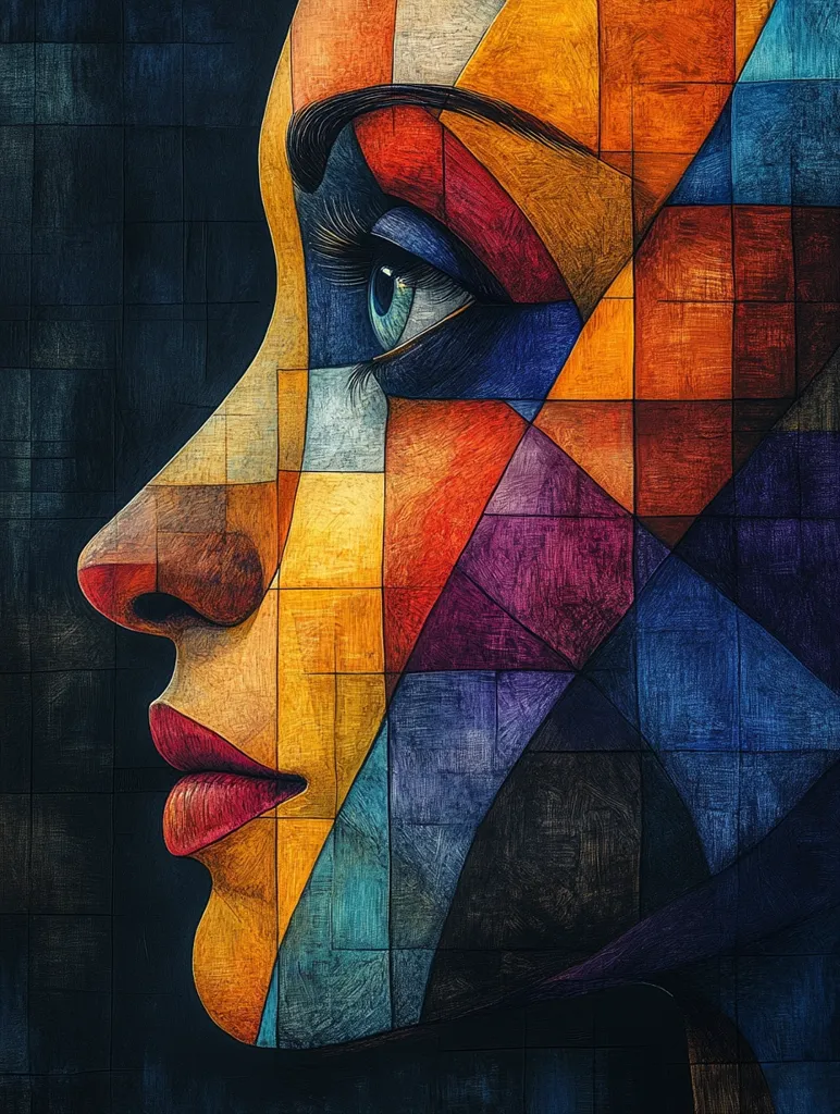 The image is a close-up portrait of a woman's face, rendered in a cubist style. Her face is broken down into geometric shapes, primarily squares and triangles, filled with vibrant colors like red, orange, yellow, blue, and purple. The strokes are textured and resemble pencil or crayon markings. The woman's gaze is directed to the side, and only half of her face is visible, leaving the other half to the viewer's imagination. The image creates a sense of depth and mystery.