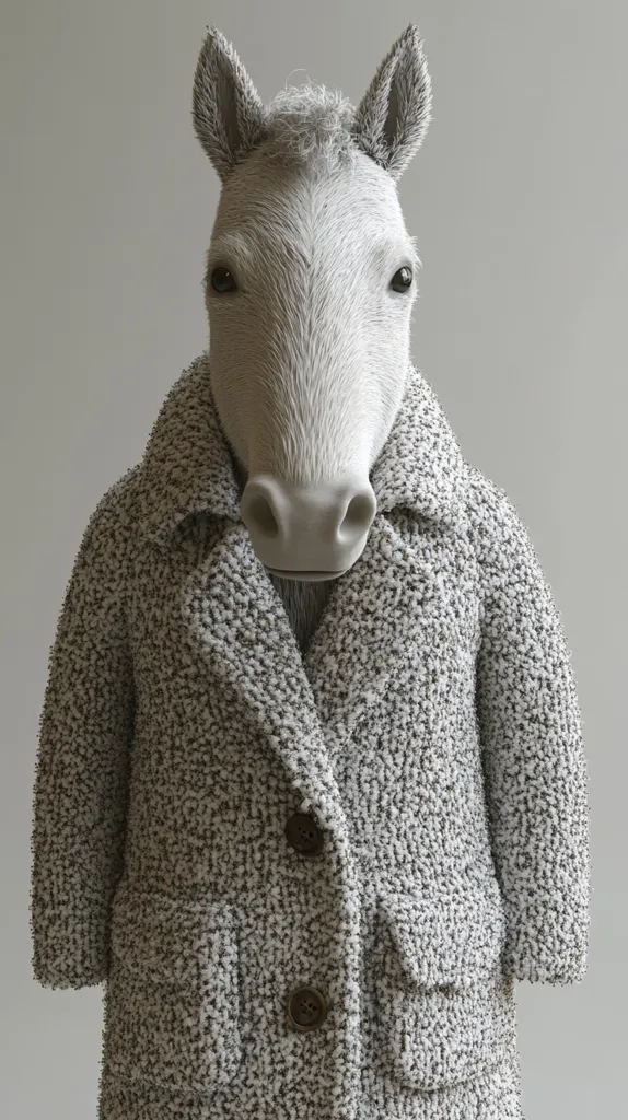 A horse head, with a fluffy white coat and black eyes, is wearing a gray and white fleecy coat. The coat has a double breasted closure with two buttons, and a pocket on each side. The horse's nostrils are visible, and its mouth is closed. The background is a plain gray.
