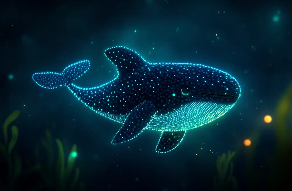 A glowing blue whale swims through the dark ocean. Its body is made of tiny dots of light, creating a shimmering effect. The whale is surrounded by a few glowing green plants and some faint, scattered lights. The scene creates a magical and ethereal atmosphere, like a scene from a fantasy world.