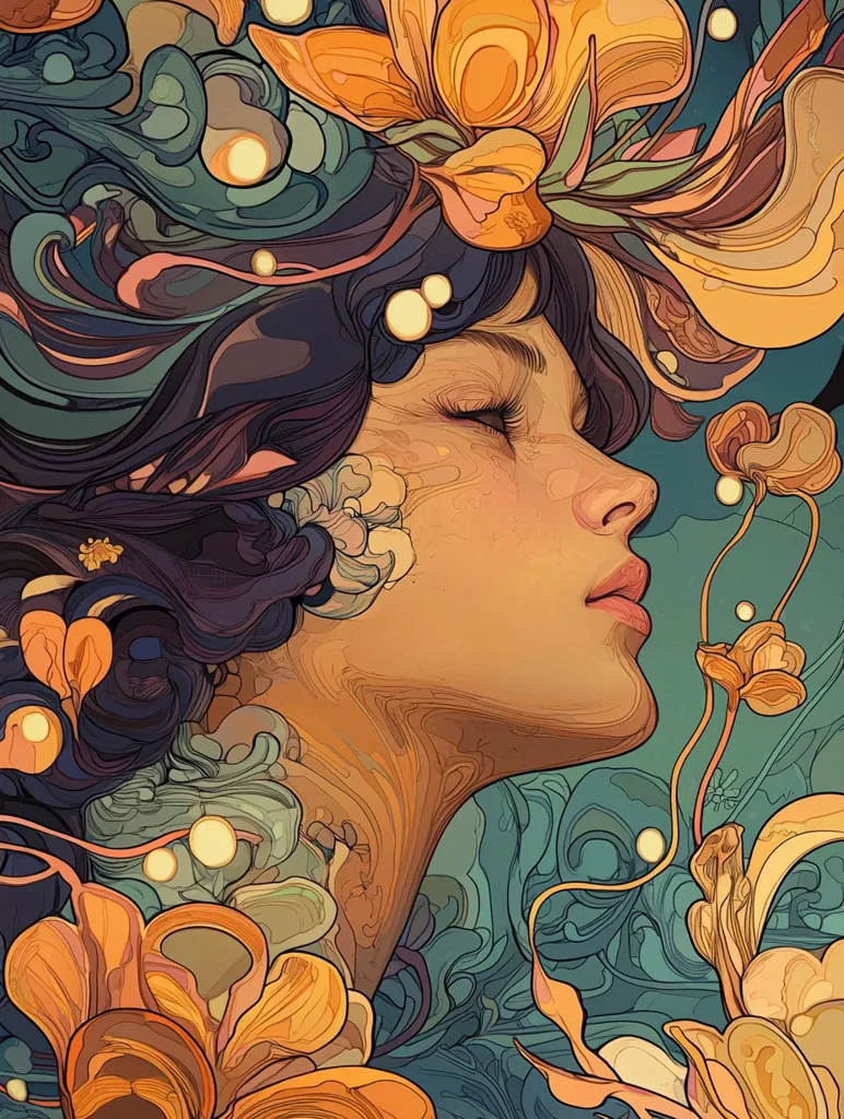 The image is a close-up portrait of a woman with her eyes closed, surrounded by intricate floral patterns. The woman has long, dark hair with a soft glow around her face. The floral design is a mix of oranges, yellows, and greens, creating a sense of warmth and tranquility. The overall style is reminiscent of art nouveau, with its flowing lines and emphasis on nature. The image evokes a feeling of peace and serenity.