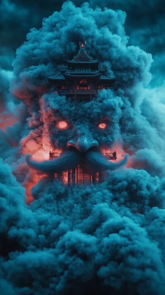 A dark, ominous structure, resembling a pagoda, is enveloped in thick, swirling blue smoke. The smoke forms a face with glowing red eyes, a prominent nose, and a large mustache, creating an eerie and mystical atmosphere.  The scene suggests a sense of hidden mystery and perhaps danger.