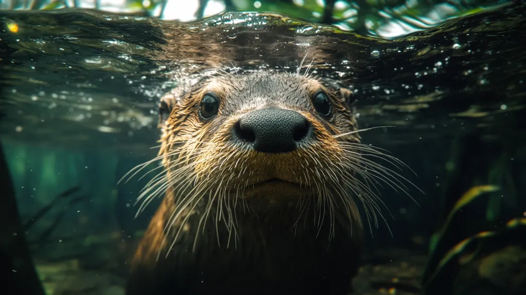 The image shows a close-up of an otter's face. The otter is submerged in water, with only its head and neck visible. Its fur is wet and glistening, and its eyes are wide and alert. The otter's whiskers are prominent, and its nose is pointed and black. The background is blurred, creating a sense of depth and focus on the otter. The image captures the otter's playful and curious nature, as it peeks out from the water.