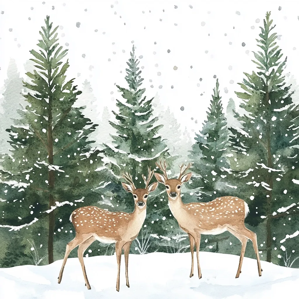 Two deer stand in a snowy forest, their brown coats spotted with white. Tall, evergreen trees rise around them, their branches dusted with snow. The scene is painted in soft, watercolor hues, evoking a peaceful winter wonderland. The deer look towards each other, their eyes bright and curious. The falling snow adds a sense of tranquility to the image.
