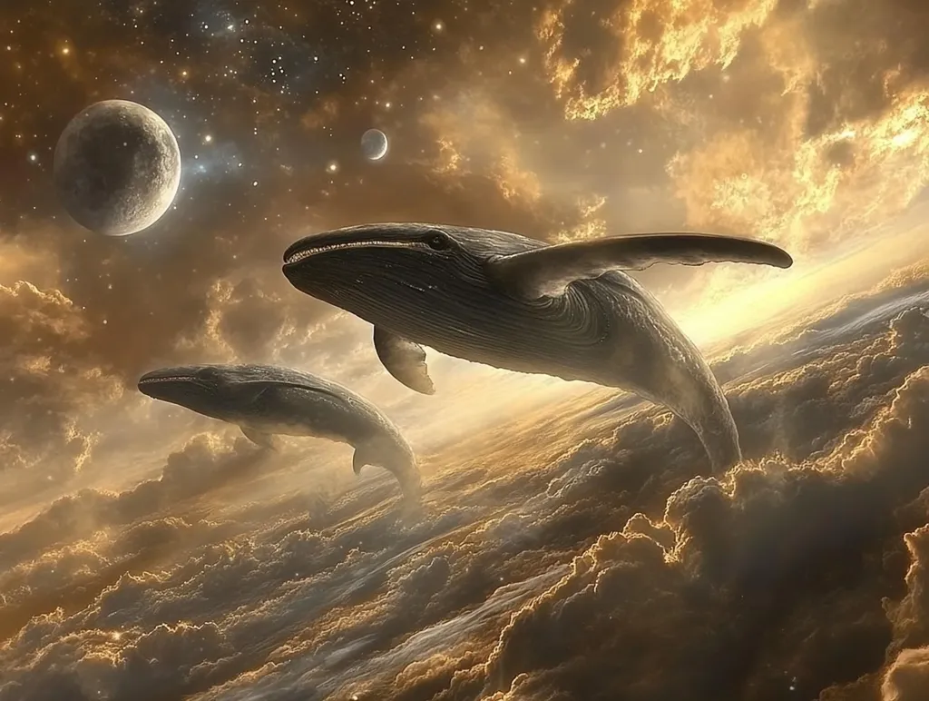 Two whales are soaring through the clouds, their bodies silhouetted against a vast expanse of golden sky. Above them, a crescent moon and stars twinkle against a backdrop of deep space. The image creates a surreal and ethereal atmosphere, suggesting a dreamlike state or a world beyond our own.