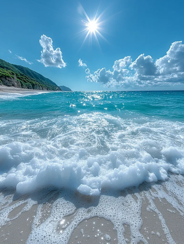 A beautiful beach scene with crystal clear turquoise water lapping onto white sand. The sun shines brightly in the sky, casting a warm glow over the scene. Fluffy white clouds drift across the azure sky. Lush green hills rise up in the background, adding to the tranquil beauty of this idyllic location. The foamy waves gently roll in, creating a sense of peace and serenity.