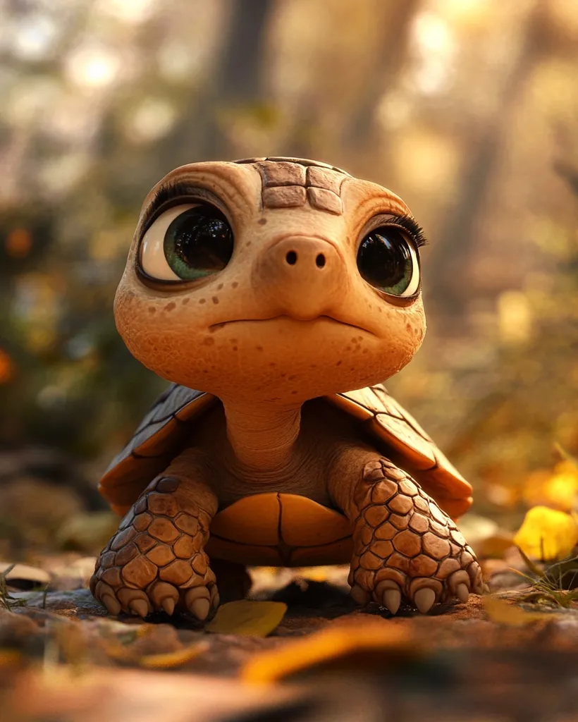 A small, cartoon turtle with large, expressive eyes sits on a bed of autumn leaves. Its shell is brown and textured, and its limbs are short and sturdy. The turtle's gaze is directed upwards, creating a sense of wonder and curiosity. The image evokes feelings of warmth, gentleness, and a sense of childhood innocence.