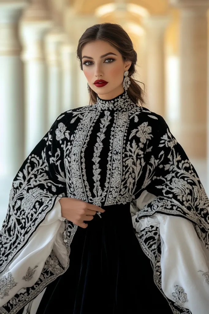 A woman with dark hair and red lipstick wears a luxurious black velvet gown. The gown is richly embroidered with silver thread, creating a stunning contrast. The elaborate design features intricate floral patterns and delicate embellishments. The sleeves are gathered at the wrists, adding a touch of elegance. She stands in a grand setting, highlighted by soft lighting and the subtle blur of the background. The image captures a sense of regal beauty and timeless style.
