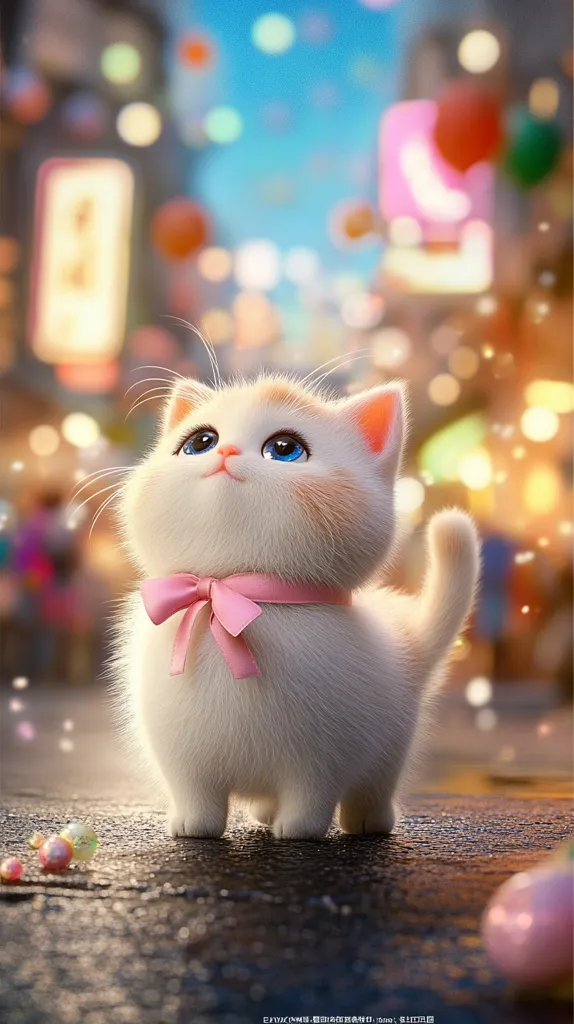 A fluffy white kitten with a pink bow tie stands on a sidewalk, looking up with big blue eyes. The background is blurred, showing a cityscape with colorful lights and bokeh effects. The image is rendered in a cute and cartoonish style, with soft colors and a whimsical feel.