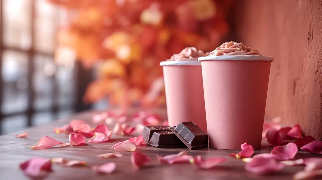 Two pink cups with whipped cream sit on a wooden table surrounded by rose petals.  One is slightly out of focus in the background. Two pieces of dark chocolate sit in front of the cups. The background is blurred with warm orange tones, creating a romantic and cozy atmosphere.