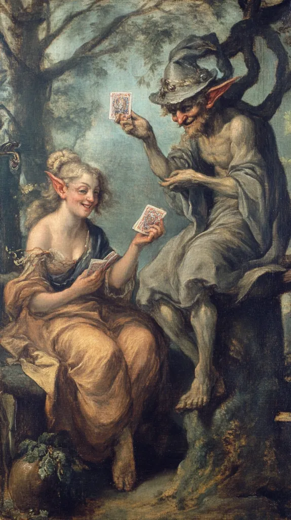 The painting depicts a female figure with pointed ears, seated in a lush forest setting, engaged in a card game with a grotesque, goblin-like figure.  The female figure is dressed in a long, flowing robe, while the goblin-like figure is semi-naked and adorned with a large hat.  The scene is imbued with a sense of whimsy and fantasy, as both figures appear to be engrossed in their game.