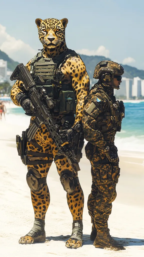 A soldier in full camouflage gear stands beside a jaguar-like creature wearing a similar uniform. The creature holds a rifle with a scope, while the human soldier has a black and tan helmet. Both are standing on a sandy beach with blue water in the background.