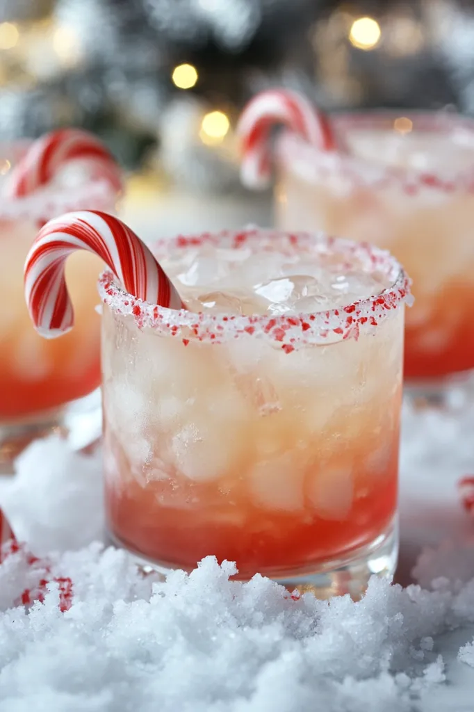 A festive cocktail with a candy cane garnish sits on a bed of crushed ice. The glass is rimmed with a red and white candy cane-inspired sugar mixture. There is another cocktail out of focus in the background. The image evokes the spirit of Christmas with its red and white colors.