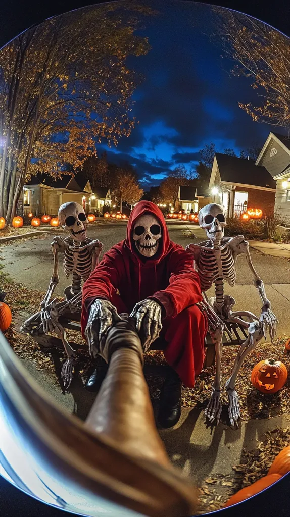 The image shows a fisheye perspective of a person in a red hoodie and skull mask taking a selfie with two skeletons. The skeletons are sitting on a bench and the person is holding their phone up to take the picture. The image is taken at night and there are houses and trees in the background. The ground is covered in leaves and there are pumpkins scattered around. The image is a humorous and spooky take on the Halloween season.