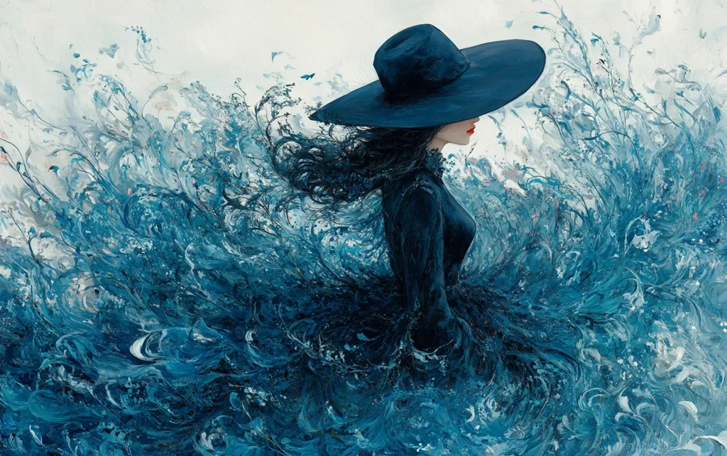 A woman in a black dress and hat stands against a swirling blue background. The woman is positioned on the right side of the image, her face is visible and she is looking to the left. Her dress and hat blend seamlessly into the blue background, creating an almost ethereal image. The blue background is textured and has a fluid, almost watery feel.