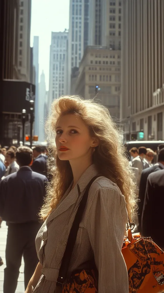 A young woman with long, blonde hair stands on a bustling city street. She is wearing a striped shirt, a leather shoulder bag, and a serious expression. Her eyes are looking directly at the camera, while the tall buildings of the city are blurred in the background. The scene suggests a fast-paced and busy urban environment.