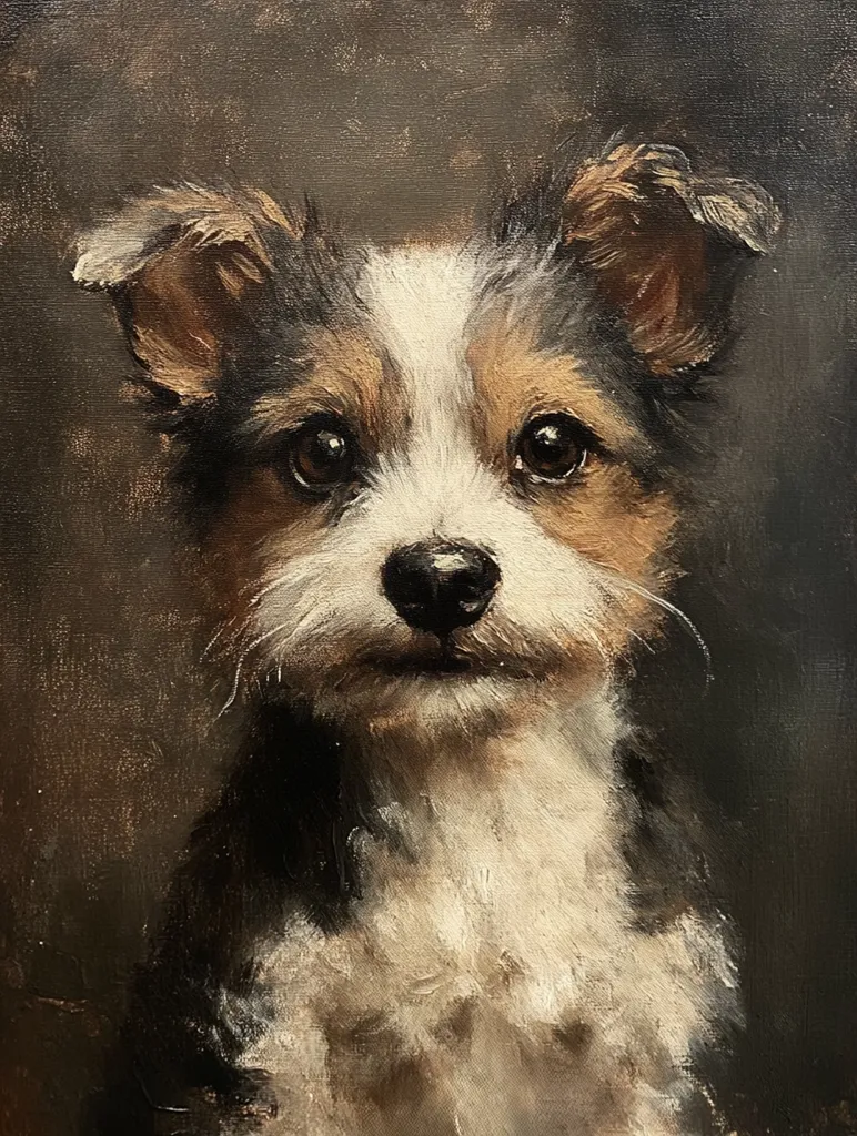 The oil painting portrays a small dog, possibly a terrier mix. It features a close-up view of the dog's face, with a focus on its expressive eyes,  white muzzle, and brown and white fur. The background is a simple dark brown, highlighting the dog's features. The painting has a classic, almost portrait-like feel, emphasizing the dog's individual character.