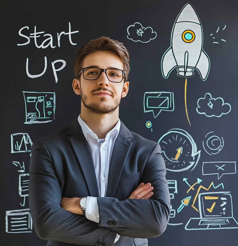 A young man in a suit and glasses stands with his arms crossed in front of a chalkboard. The chalkboard has "Start Up" written at the top, along with various drawings representing business concepts, including a rocket ship. He looks confident and determined, suggesting he is ready for a new business venture.