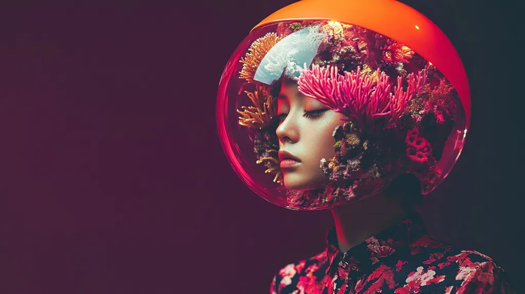 A woman with closed eyes wears a large orange and clear bubble helmet filled with pink and orange coral. The helmet covers her head, neck, and shoulders. The background is a deep, rich purple. The image has a surreal and ethereal quality.